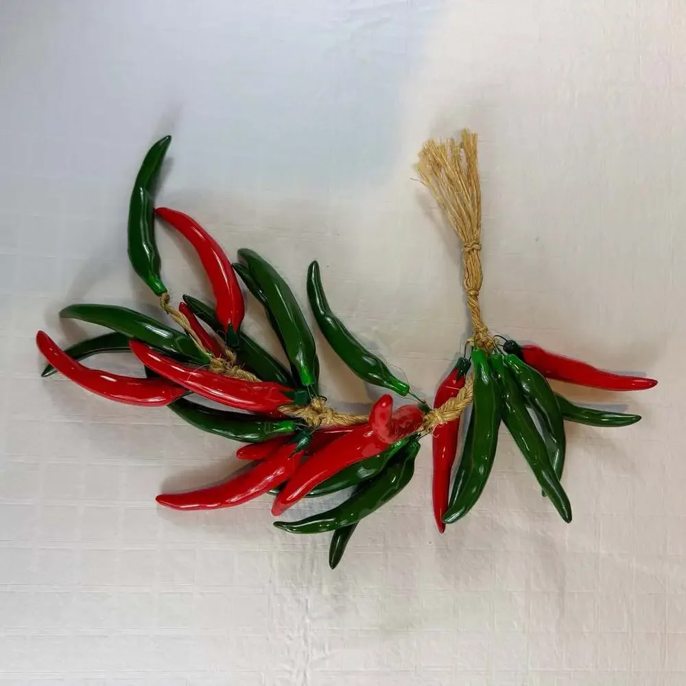 red & green ceramic chili pepper wall hanging glossy glazed on jute rope